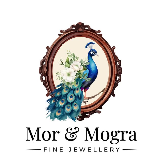The Mor and Mogra brand mark: a watercolour peacock and jasmine bloom set in an ornate oval frame, with the wordmark and 'fine jewellery' beneath.